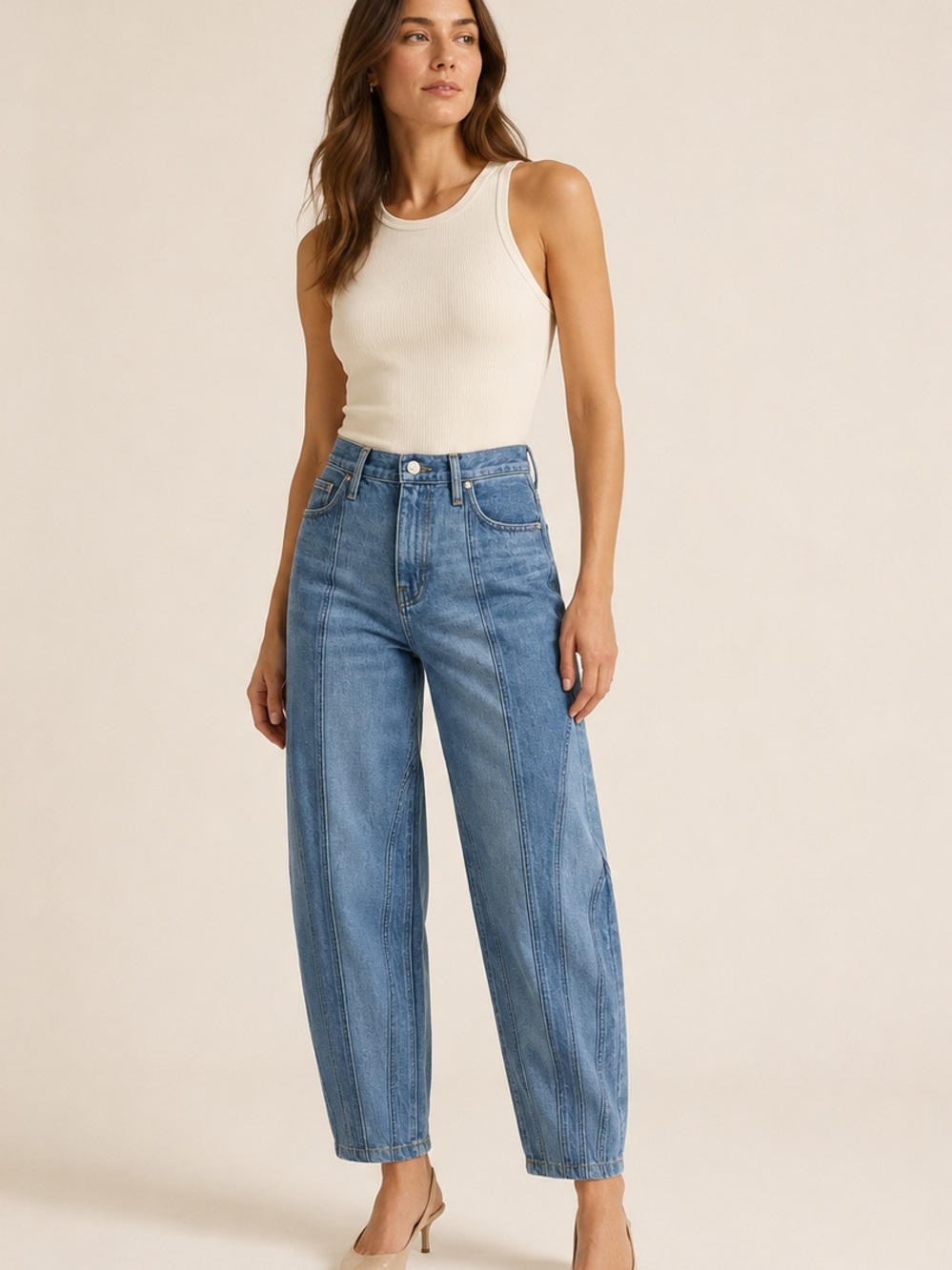 FRAME Paneled Barrel Leg Jeans Blue Size 26